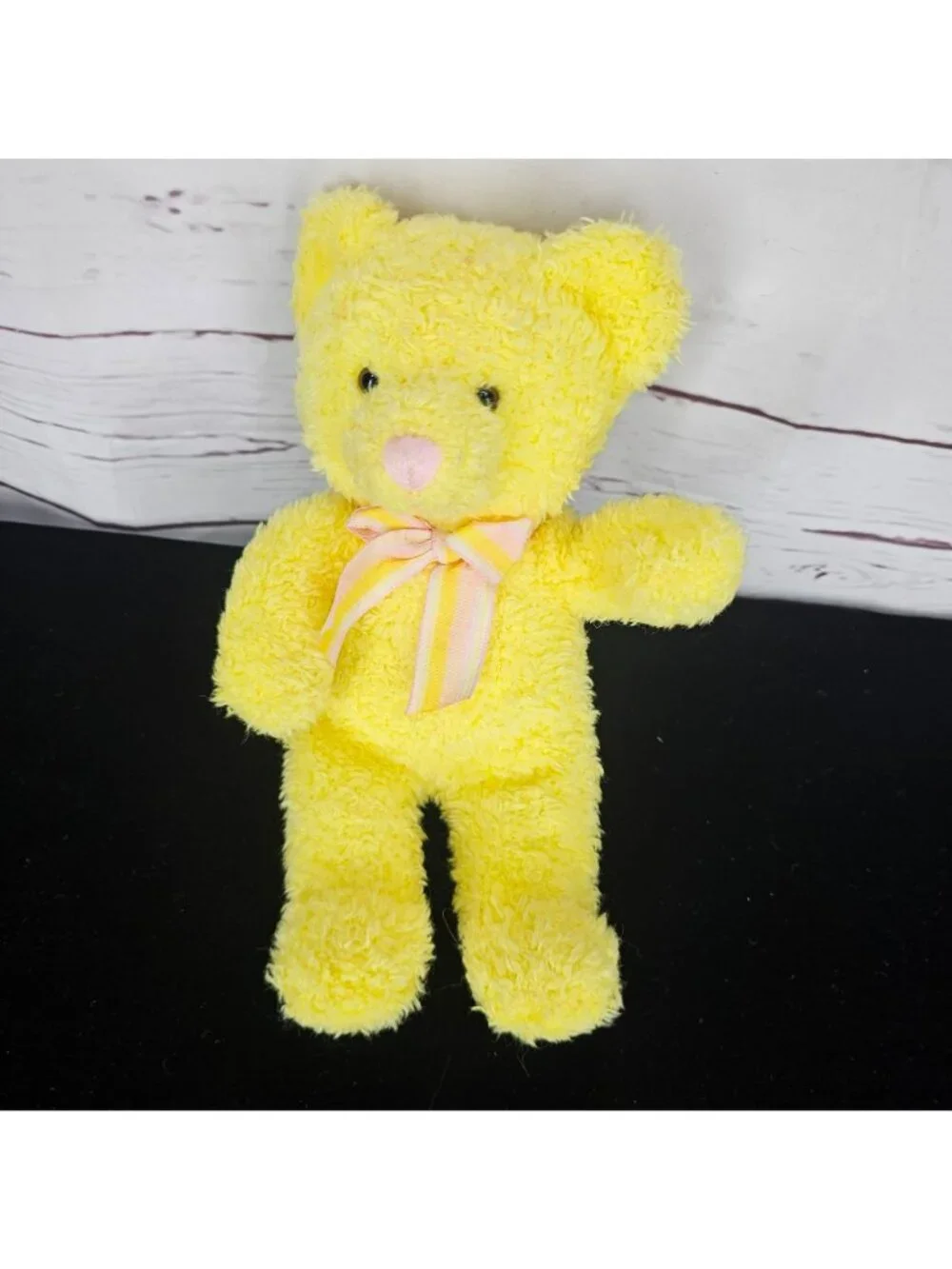 Yellow Teddy Bear Plush By Russ Berrie With Pink Nose & Plaid Bow Stuffed Animal
